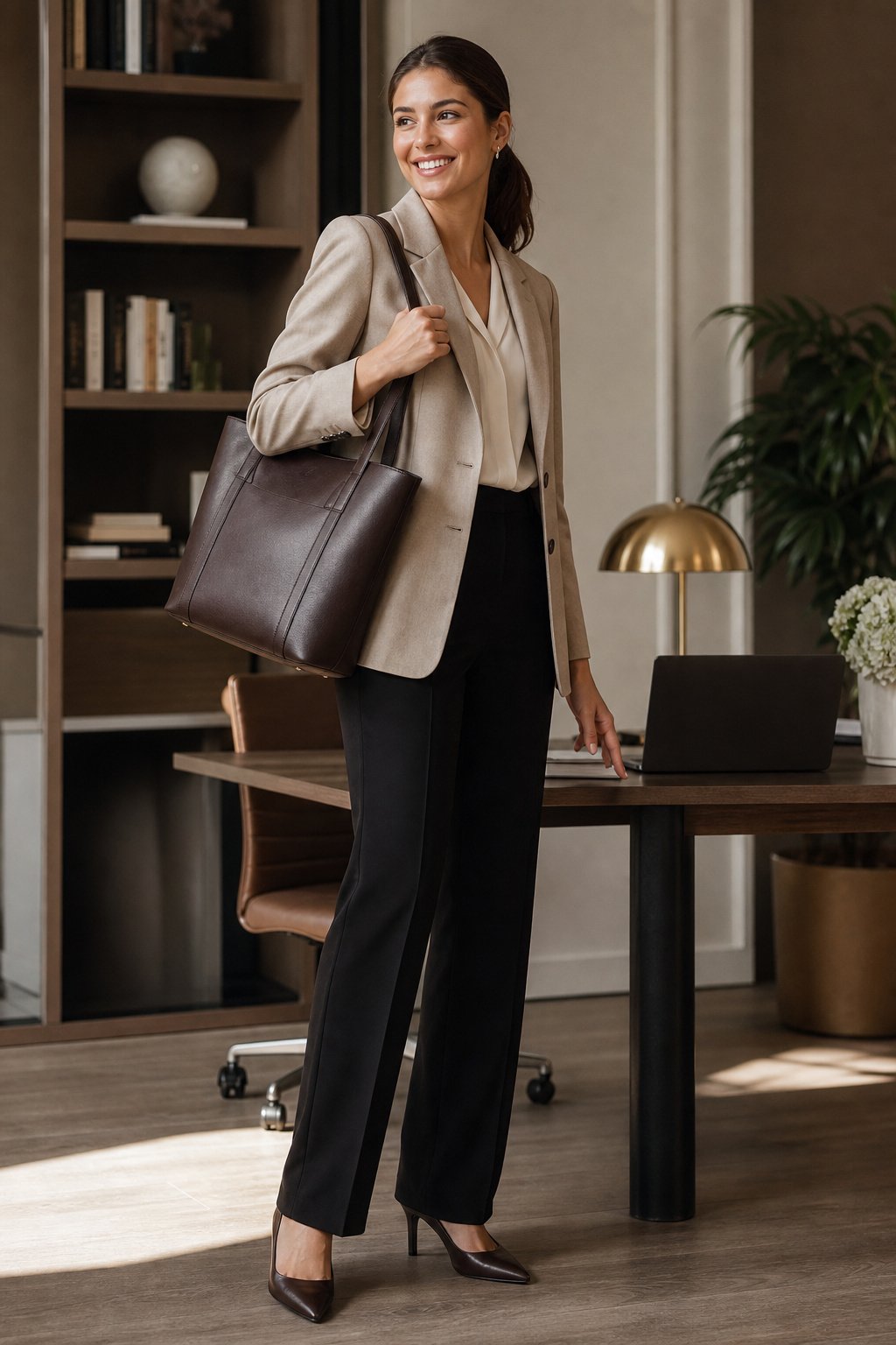 young professional woman in her 20s carrying a structured leather tote bag to her first job