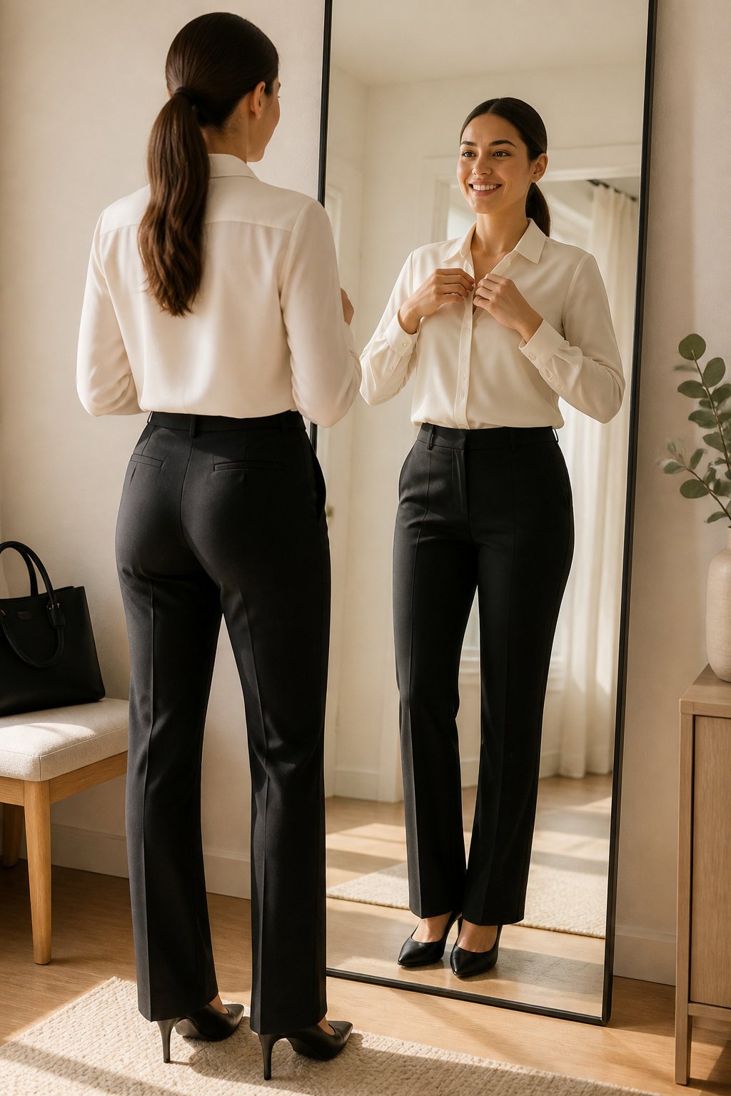 young woman in her 20s smoothing a wrinkle free blouse in the mirror before her first job