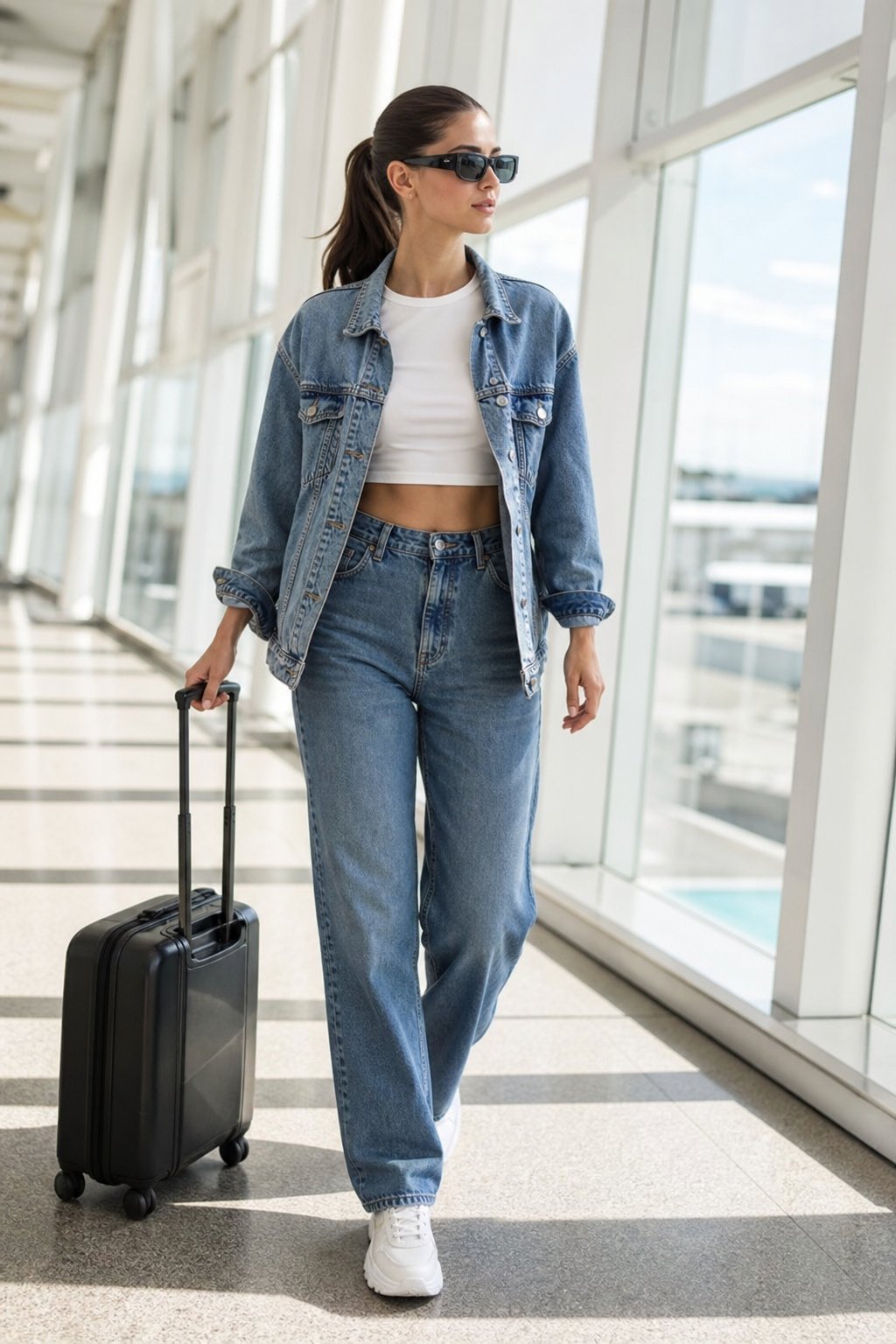 Young woman in her 20s in straight leg jeans, cropped tee and open denim jacket at an airport