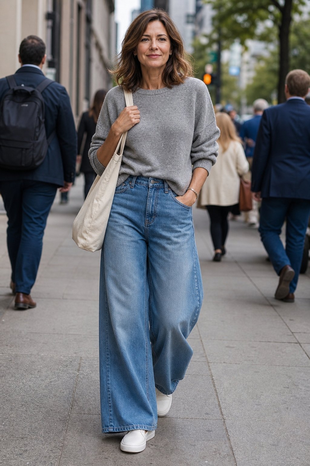 Woman in her 40s in flowing wide-leg jeans with a grey knit sweater on a city commute