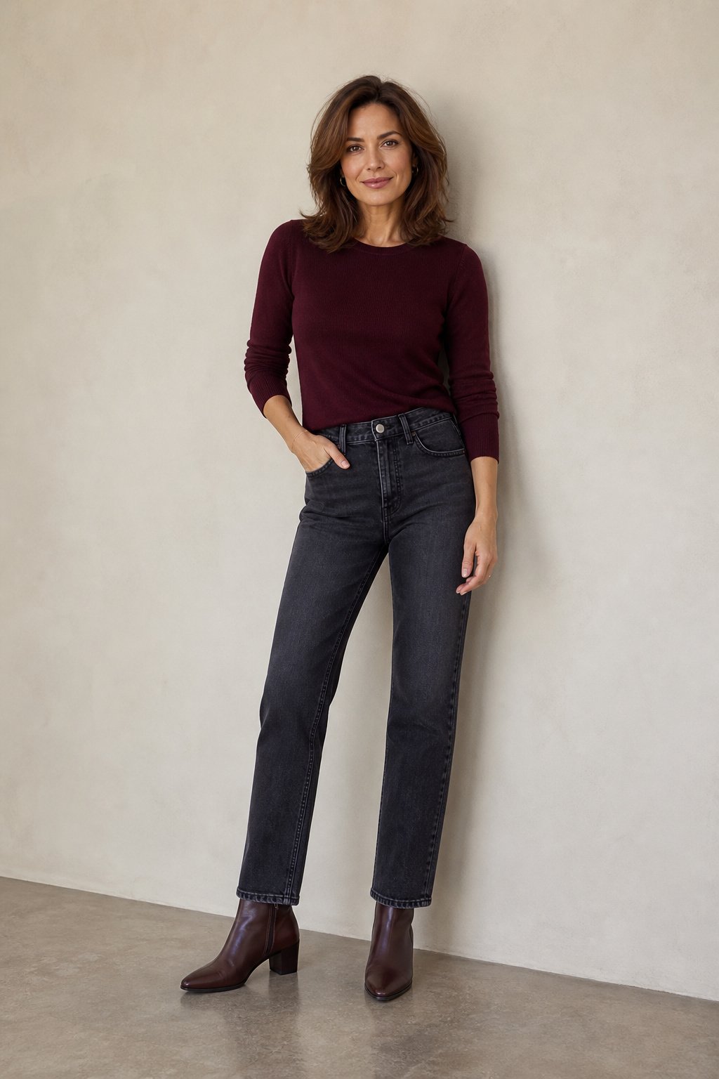 Petite woman in her 40s in dark charcoal straight-leg jeans with a burgundy knit top and block-heel boots
