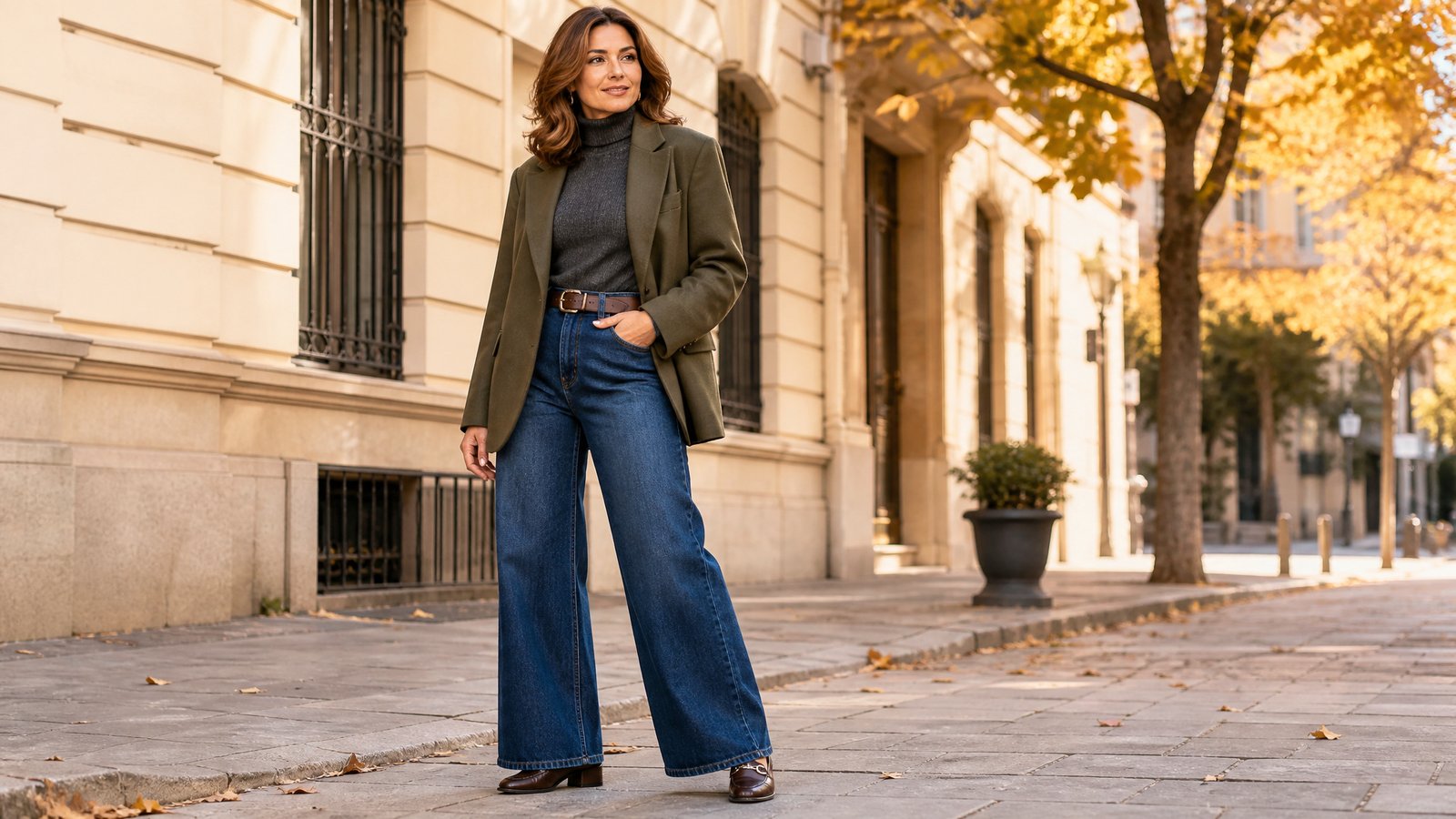 Woman in her 40s in high-waisted wide-leg jeans with a charcoal turtleneck and olive blazer for fall