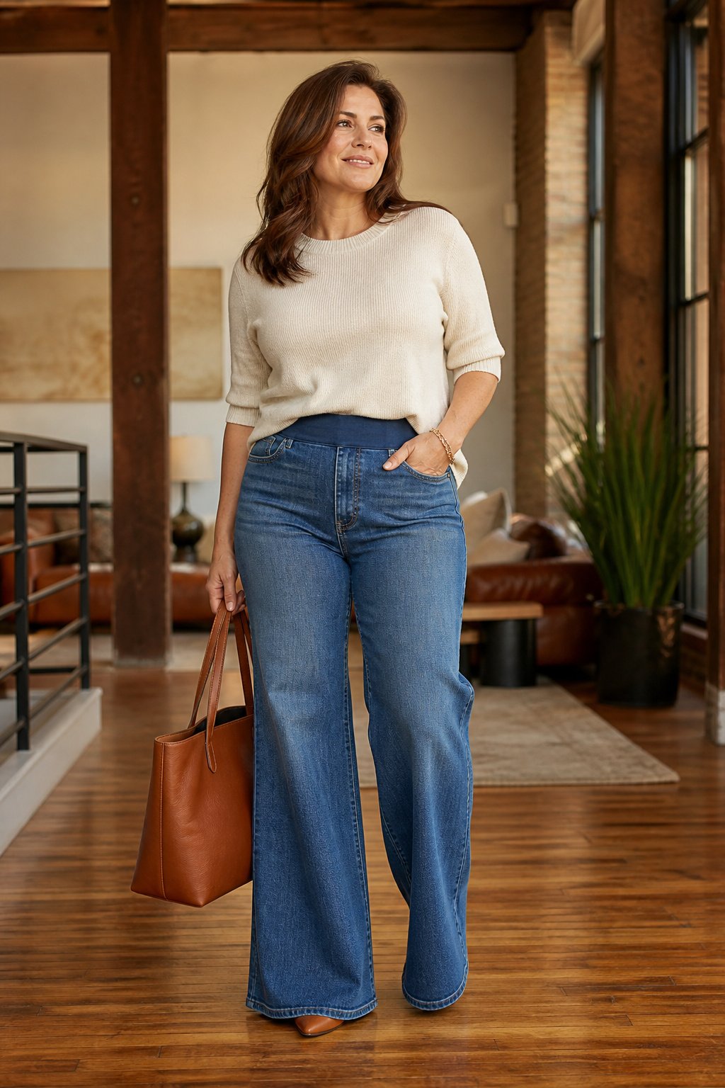 Curvy woman in her 40s in high-waisted wide-leg jeans with a cream knit top in a warm loft