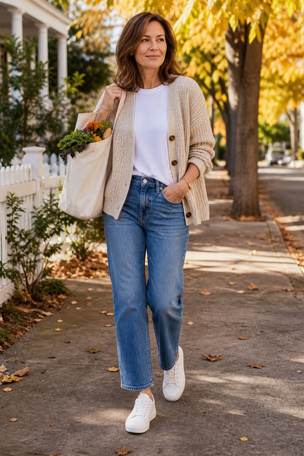 Woman in her 40s in mid-rise straight-leg jeans with an oatmeal cardigan carrying a grocery tote on a sunny street