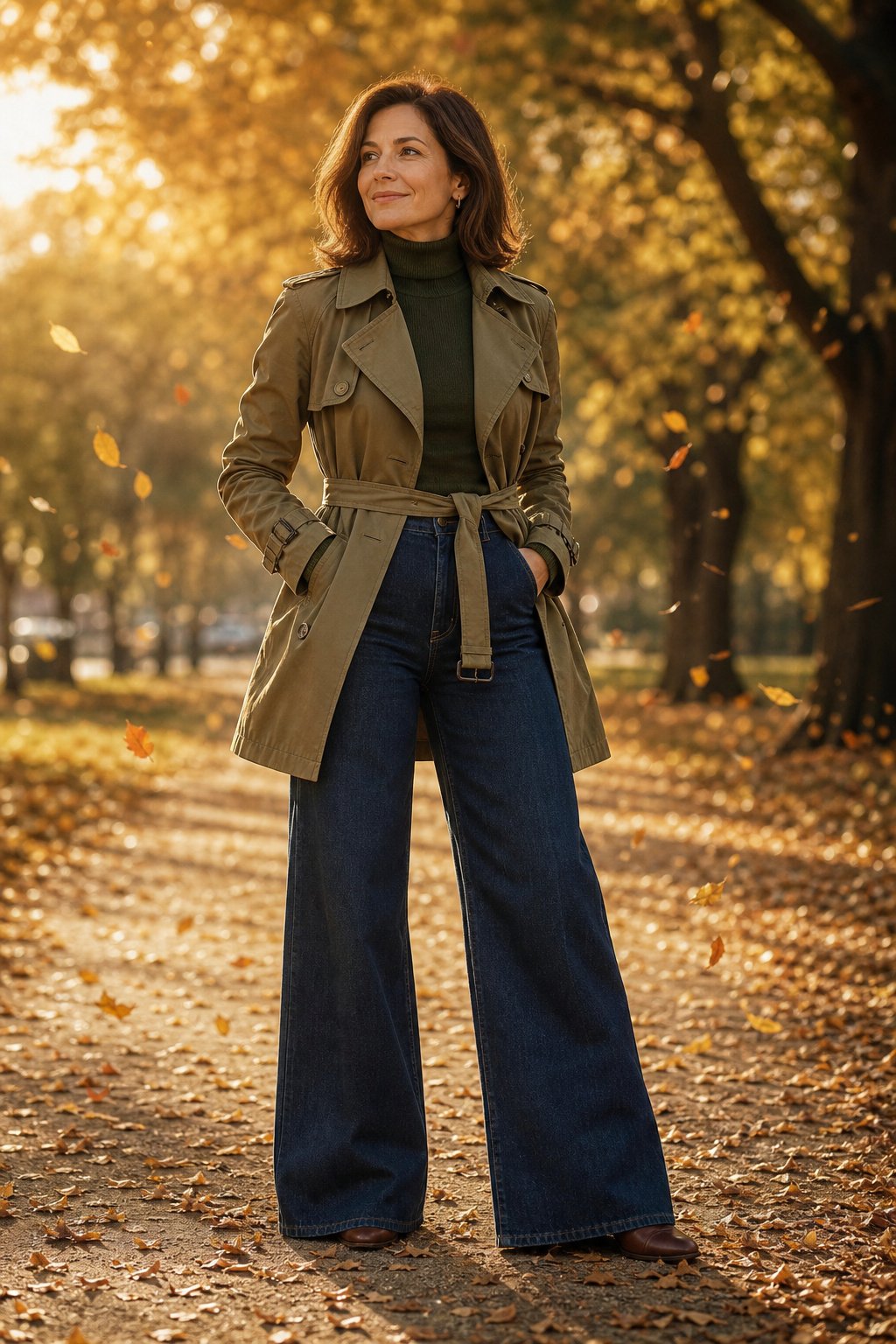 Woman in her 40s in wide-leg jeans sweeping over leather riding boots with a green turtleneck in a park