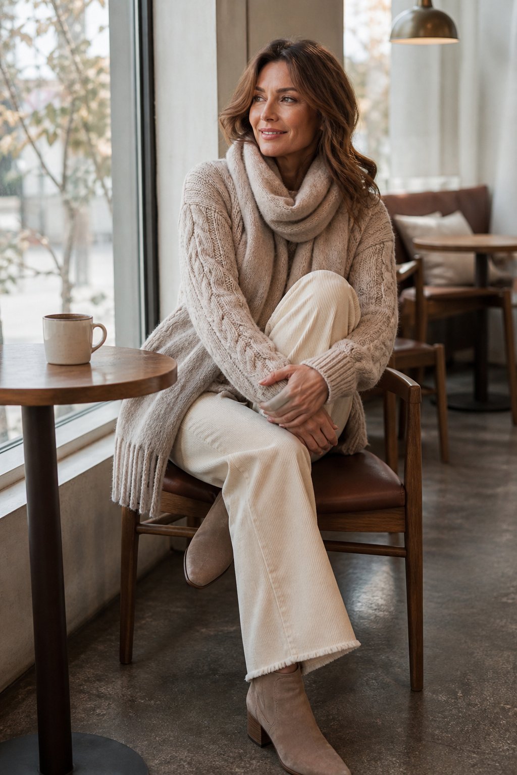 Woman in her 40s in cream wide-leg jeans with a chunky cable-knit sweater and scarf at a coffee shop