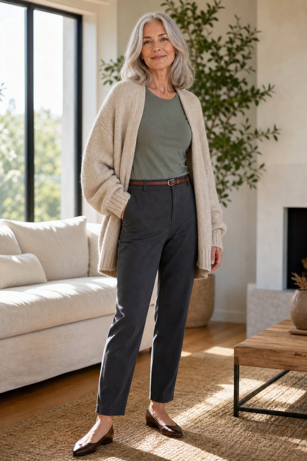 Woman in her 50s with silver hair in a soft oversized cardigan with a belt defining her waist
