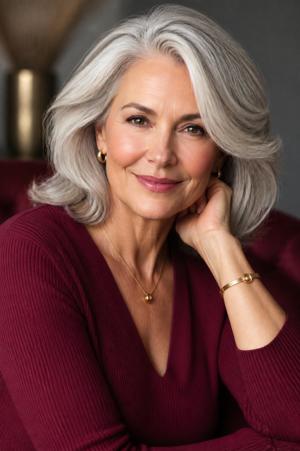 Woman in her 50s with silver hair wearing a rich burgundy knit that contrasts with her hair