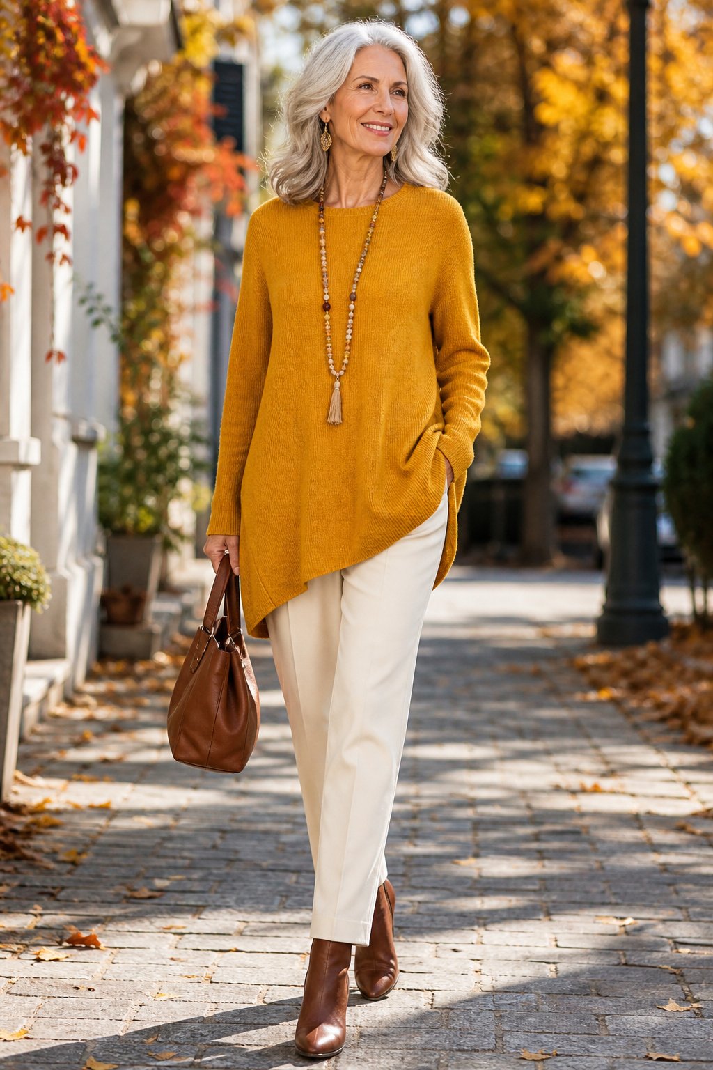 Woman in her 50s in a mustard-yellow knit tunic with cream trousers and chestnut boots