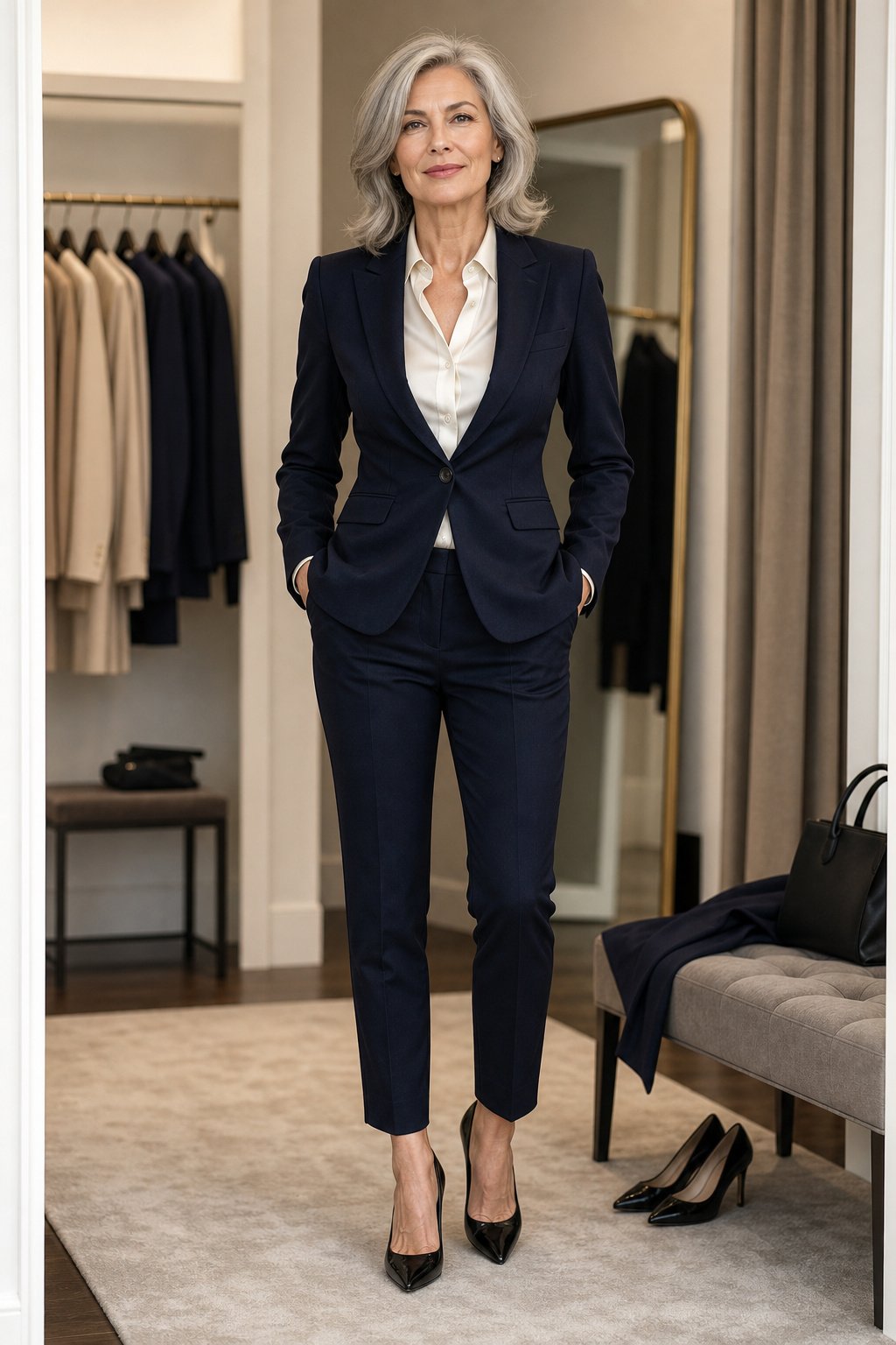 Woman in her 50s in a tailored navy blazer nipped at the waist with a cream silk blouse