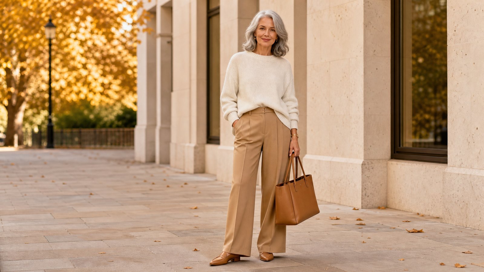 Woman in her 50s with silver hair in camel wide-leg trousers, cream knit sweater and leather tote for fall