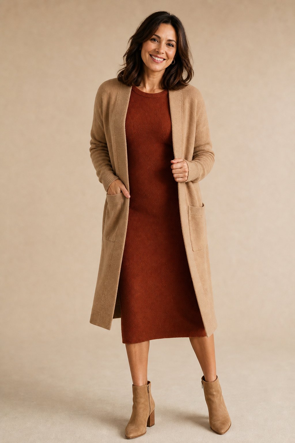 Mom in her 30s in a rust knit midi dress under a long open cardigan for fall