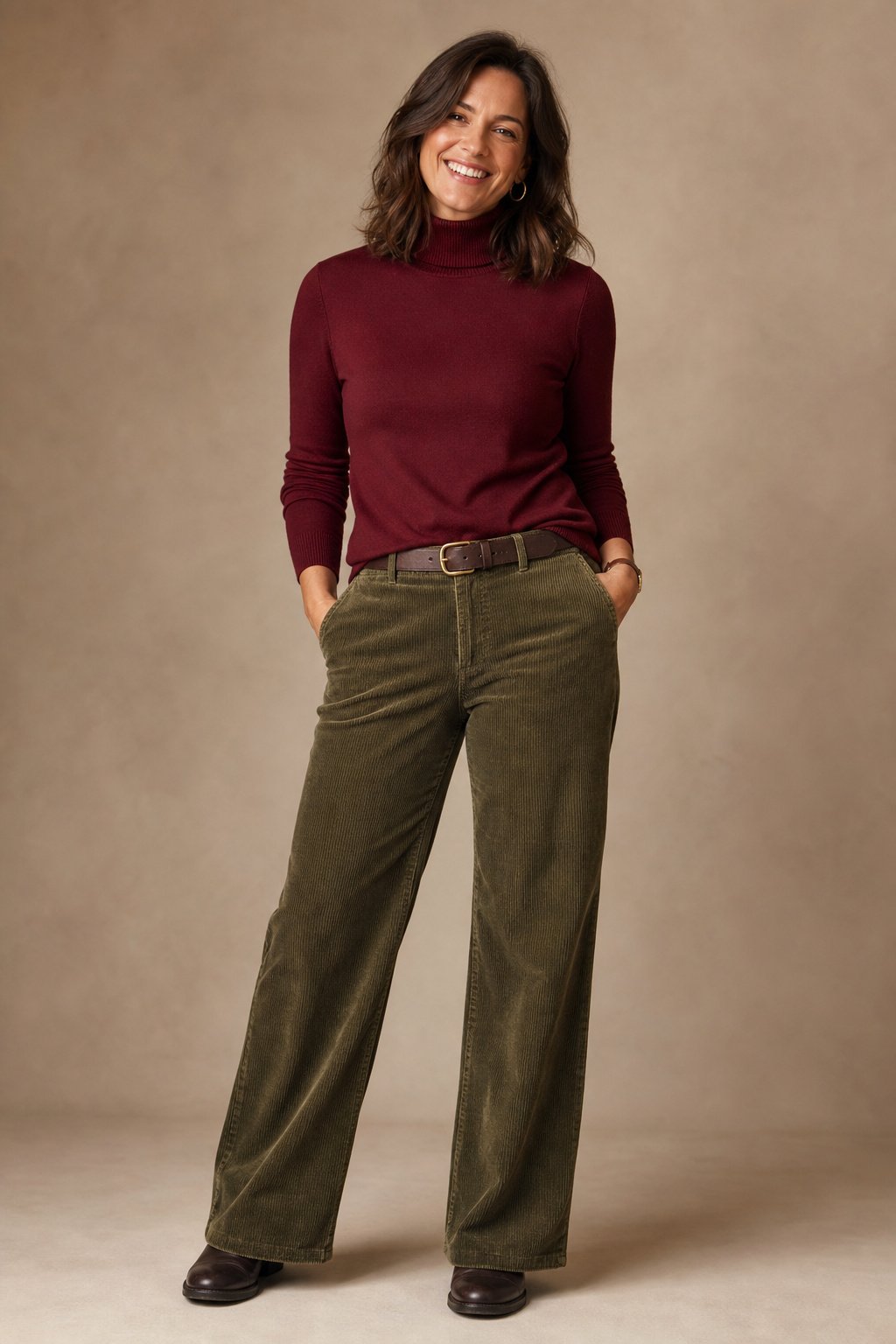 Mom in her 30s wearing a burgundy turtleneck with olive corduroy trousers for a cozy family dinner