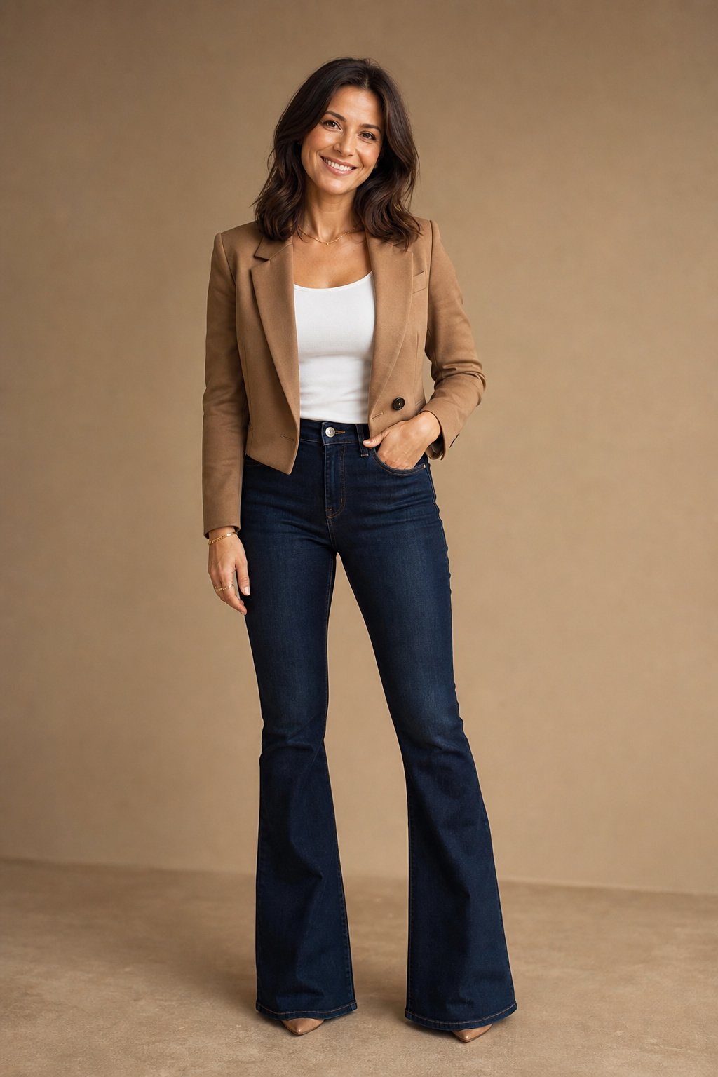 Mom in her 30s wearing a cropped blazer over flare jeans and a fitted top