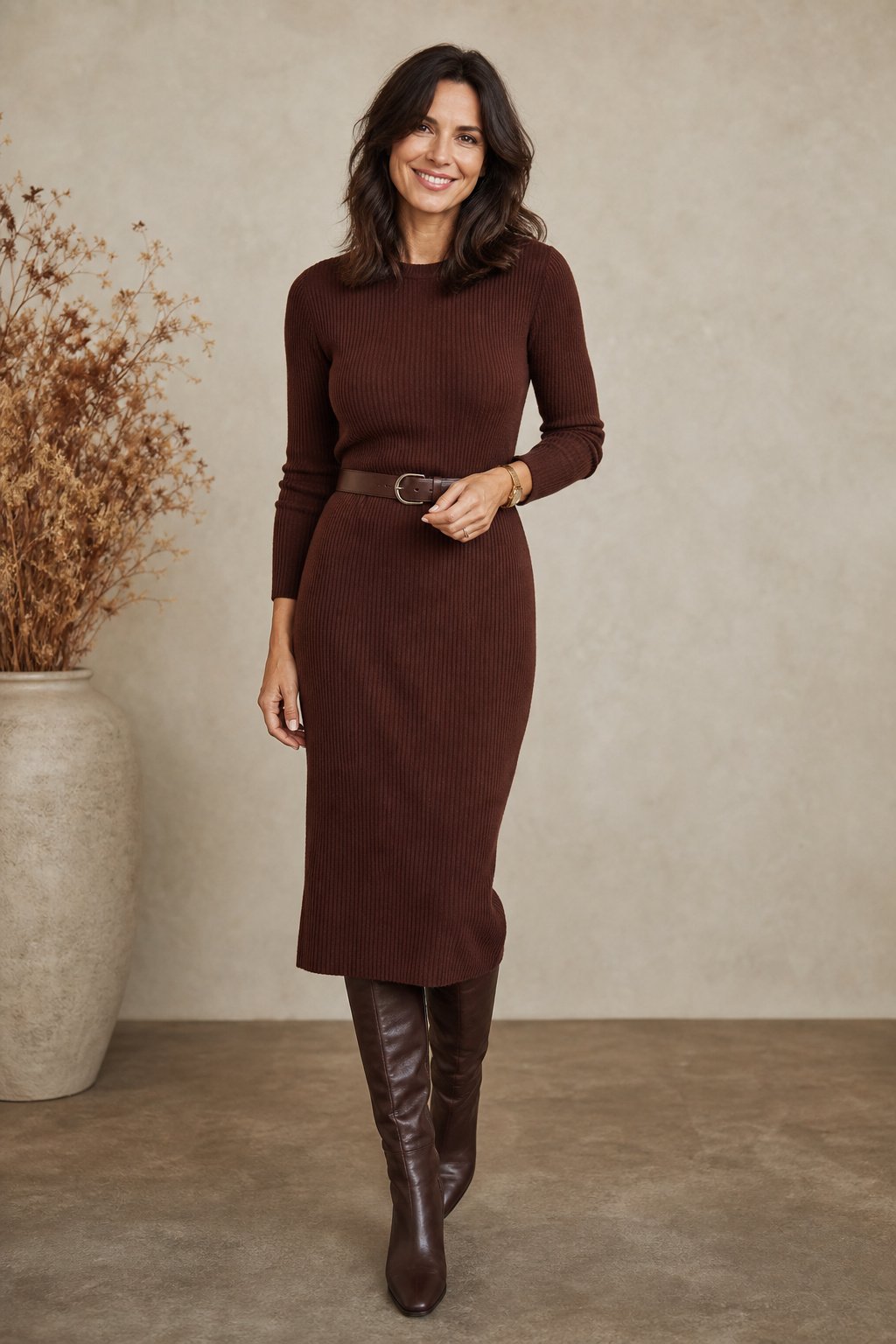 Mom in her 30s in a belted ribbed knit dress in chocolate brown for fall dinner
