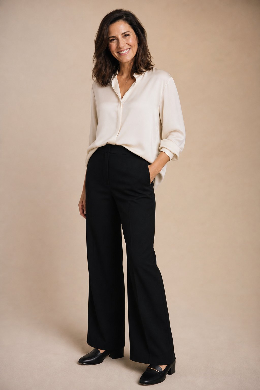 Mom in her 30s wearing soft drape blouse with high waist wide leg trousers for dinner