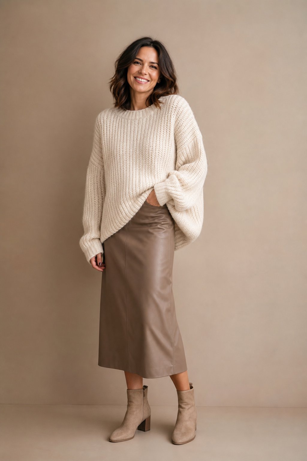 Mom in her 30s wearing a chunky knit sweater with a leather look midi skirt for evening