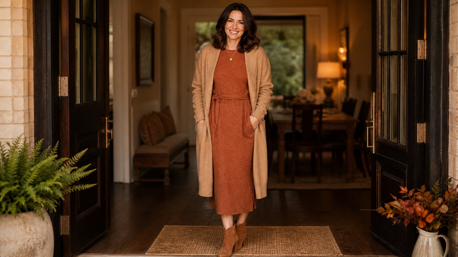 Mom in her 30s in a rust knit midi dress with a long open camel cardigan for a fall family dinner