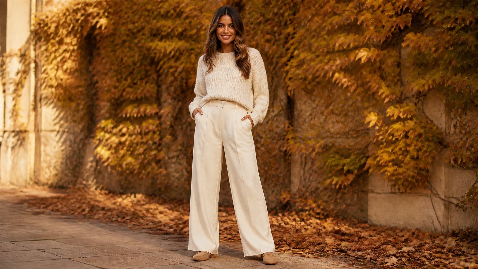 young woman in her early 20s in a tonal cream monochrome outfit on an autumn street, monochrome fall outfits for women in their 20s