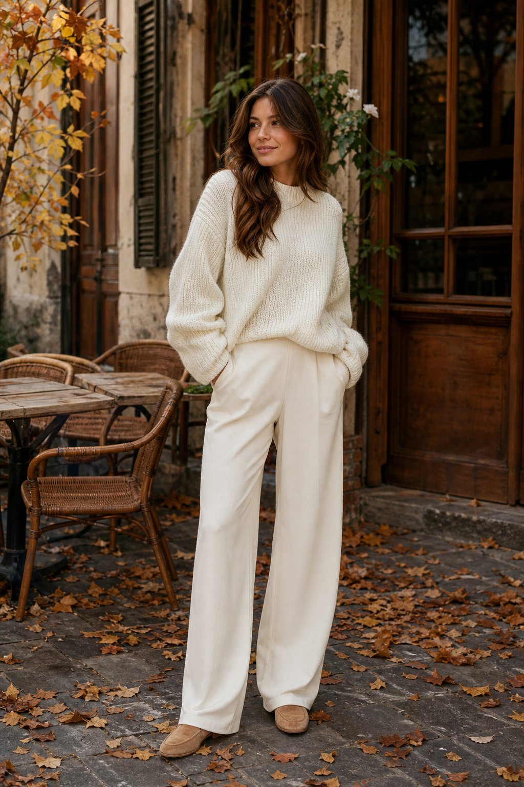 young woman in cream chunky knit sweater and cream wide leg trousers for a monochrome fall outfit