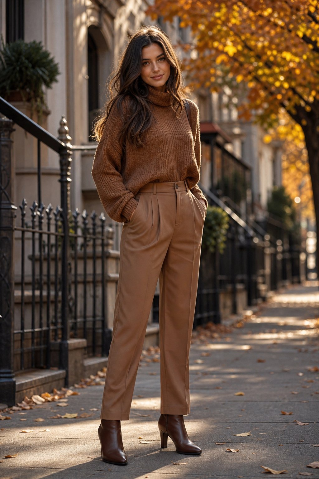 young woman in camel knit sweater tan wide leg trousers and brown loafers for monochrome fall outfit