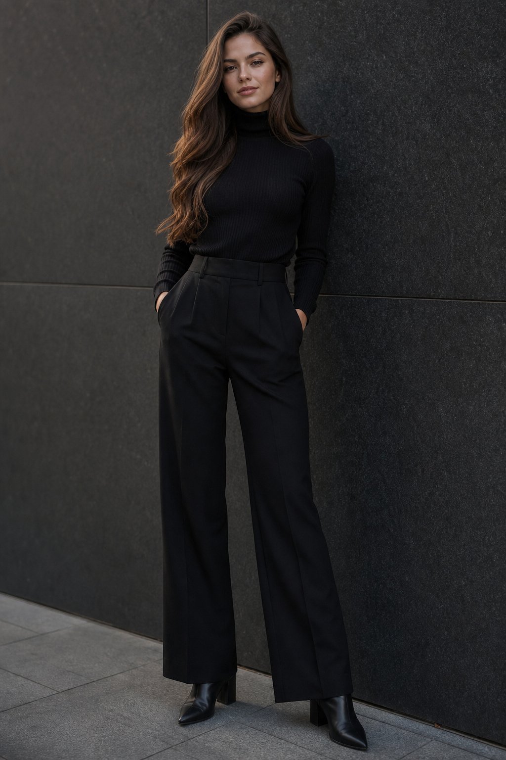 young woman in black turtleneck black wide leg trousers and black boots monochrome outfit