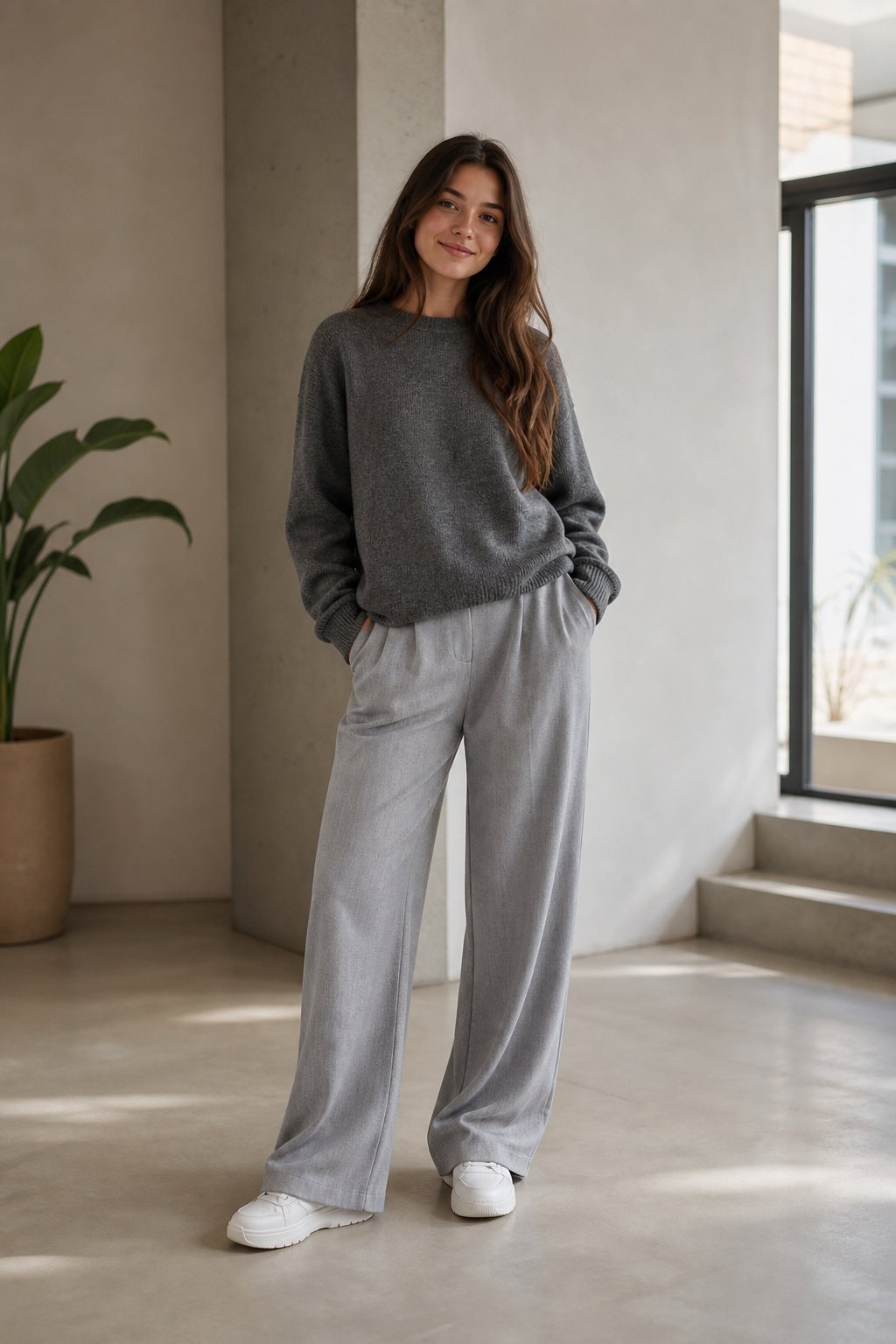 young woman in heathered grey sweater grey wide leg trousers monochrome fall outfit