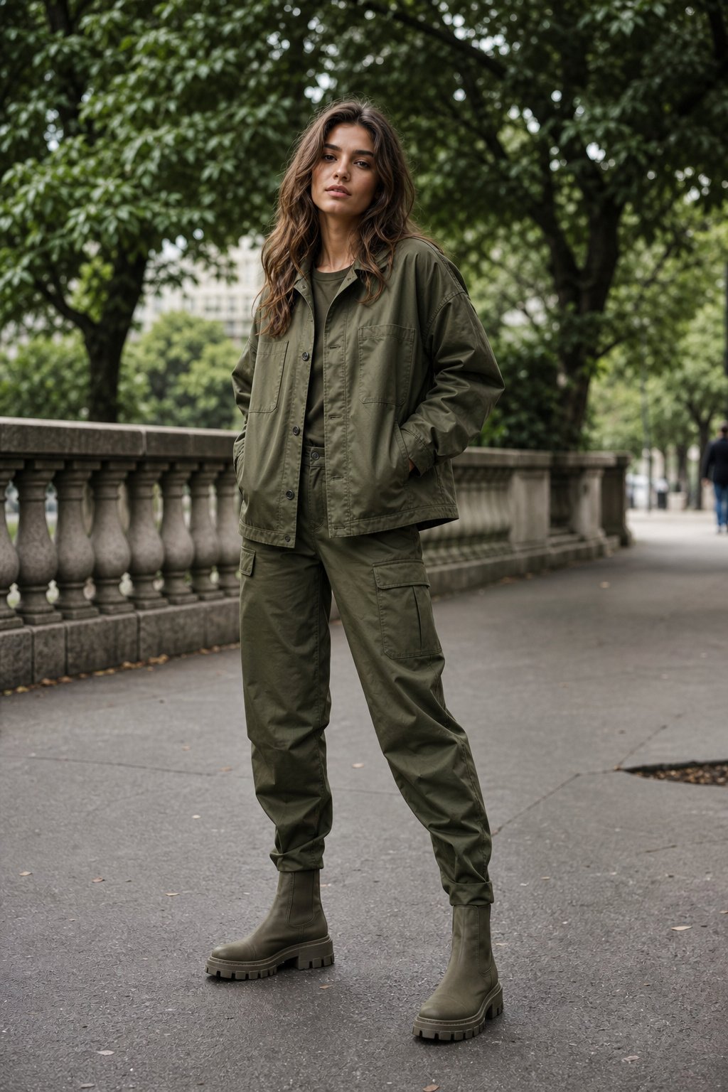 young woman in olive chore jacket and olive trousers utilitarian monochrome outfit