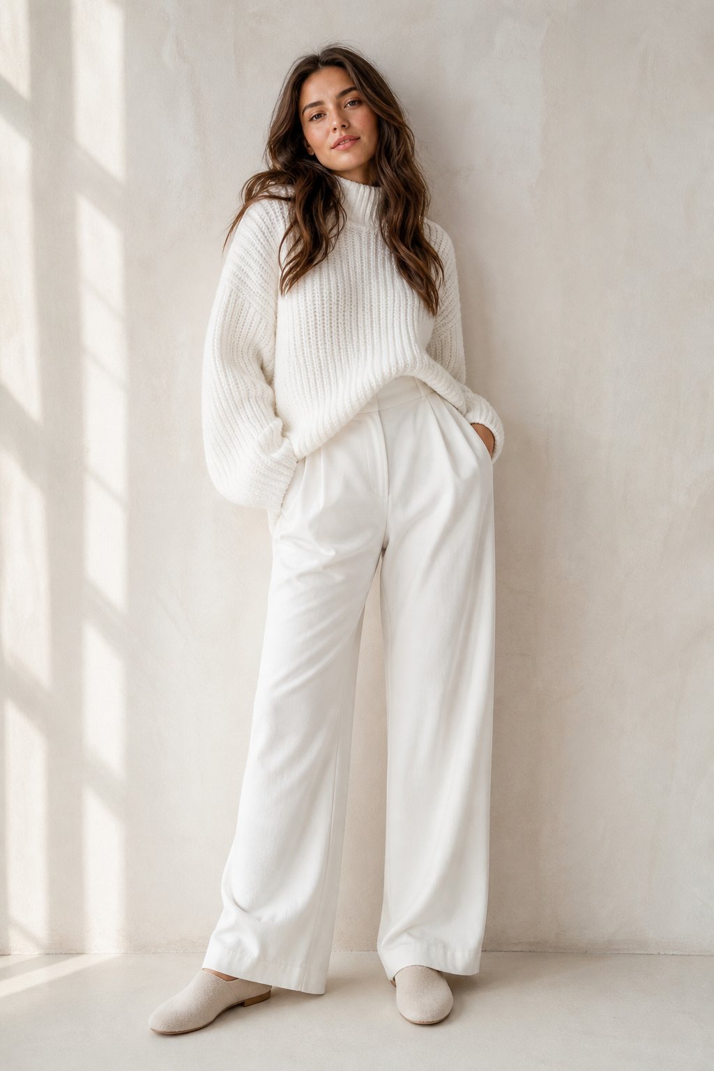 young woman in cream white chunky knit and white wide leg trousers crisp monochrome fall outfit