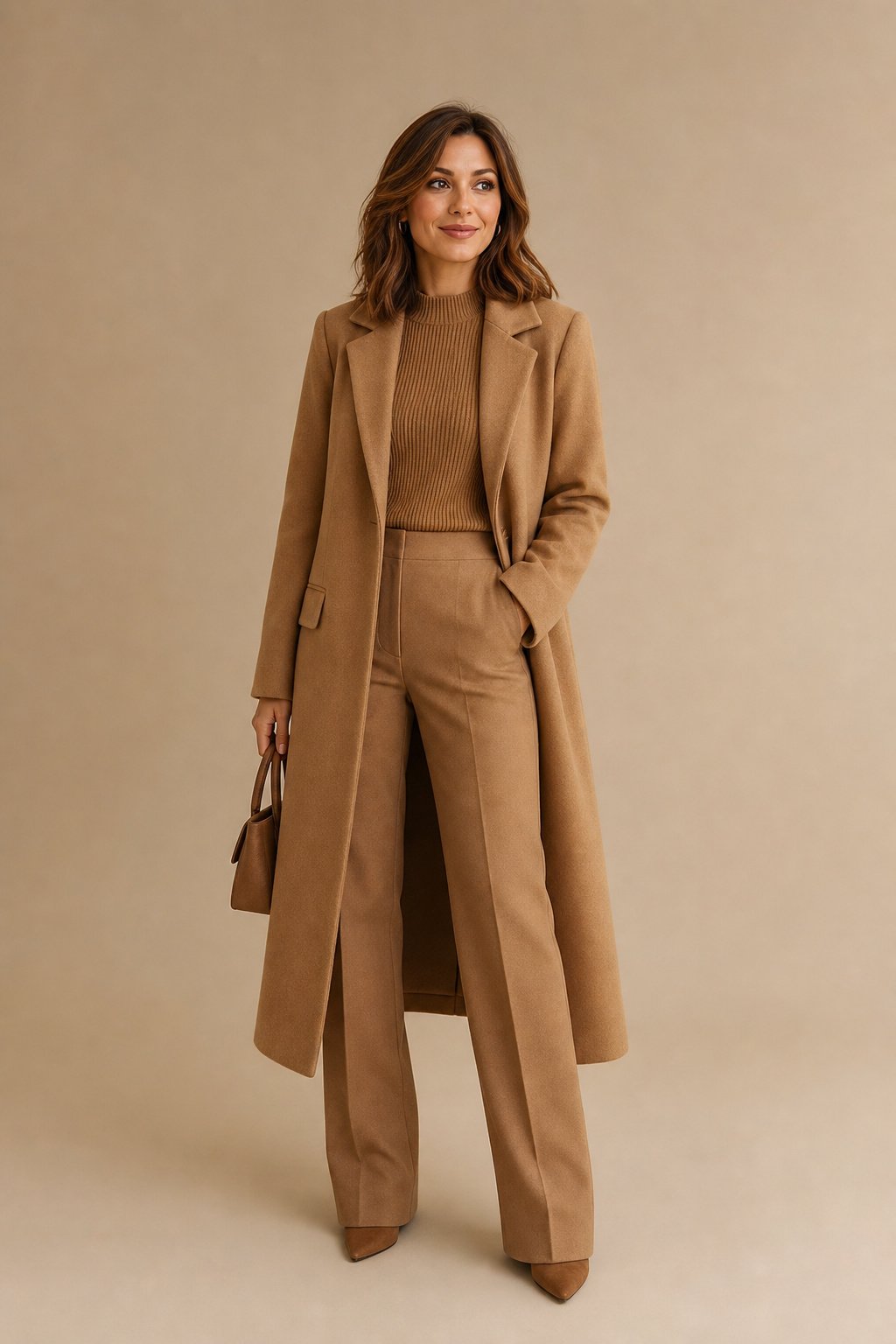 Petite woman in a head to toe camel monochrome wool coat knit and trousers, fall color pairing that elongates
