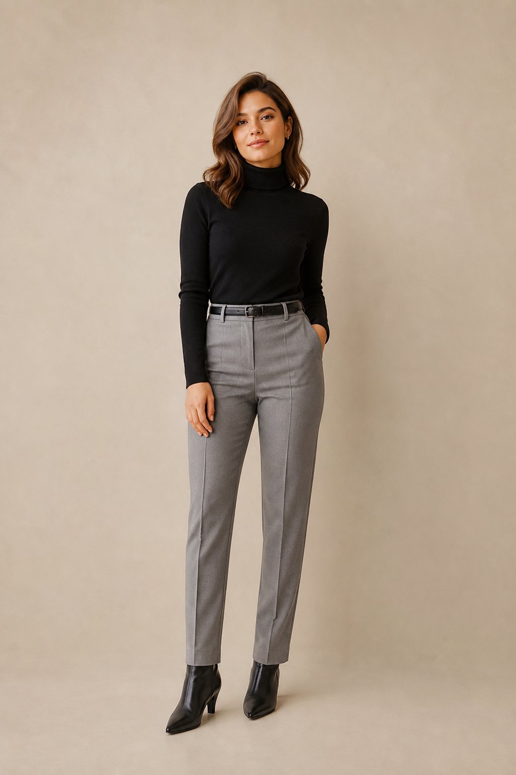 Petite woman in a black turtleneck and dove grey trousers with a black belt and ankle boots, flattering color pairing