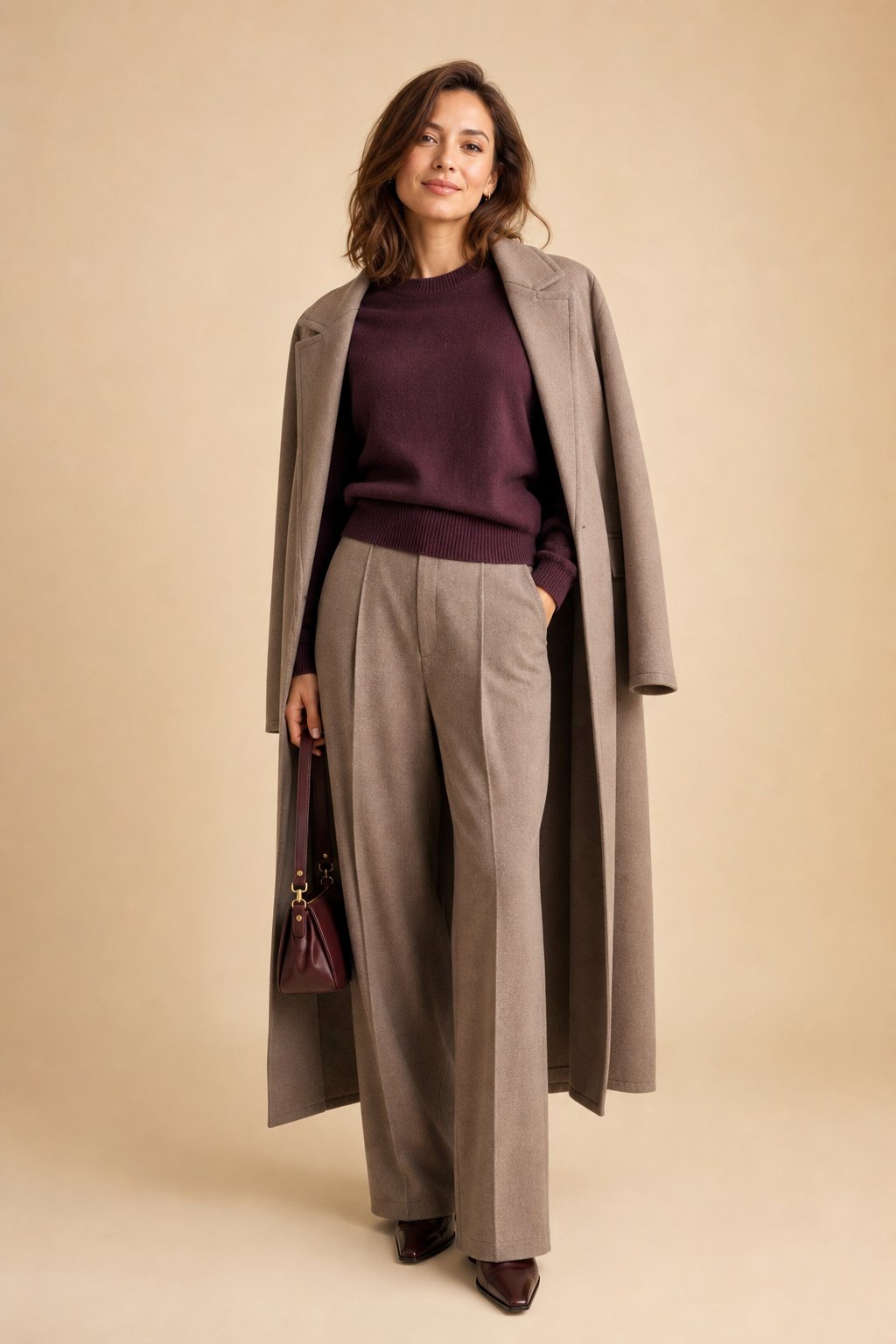 Petite woman in a plum knit sweater with warm taupe wide leg trousers and a matching long taupe coat