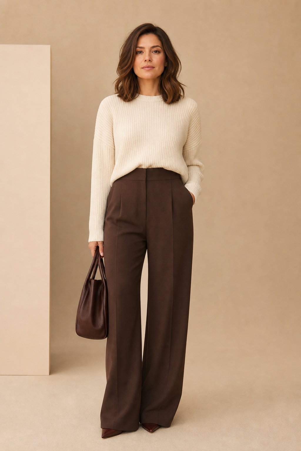 Petite woman in a soft cream ribbed sweater with espresso brown high waist trousers, a lengthening two tone look