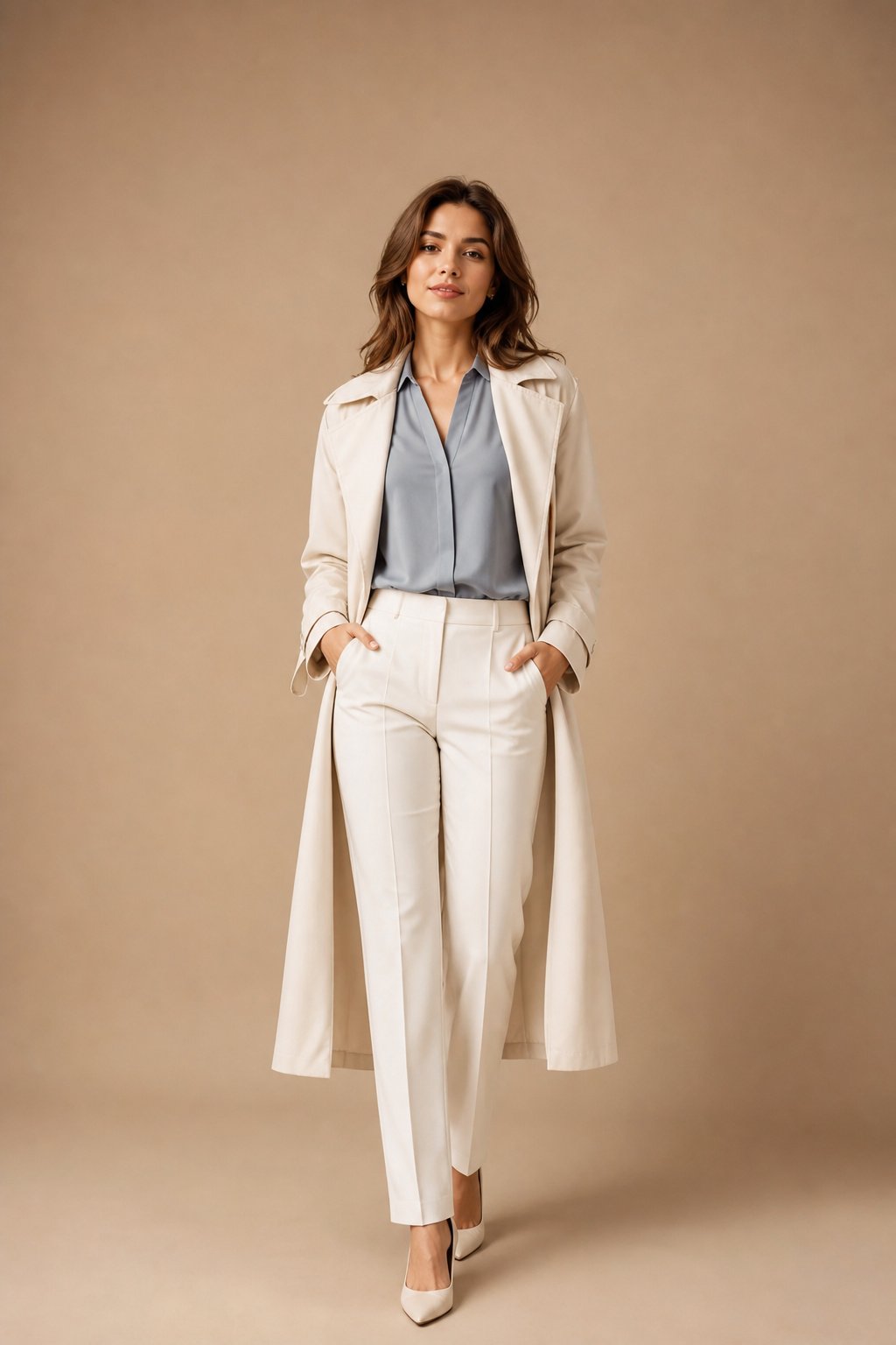 Petite woman in a dusty blue blouse with ivory trousers and a long ivory trench coat, flattering fall color combination
