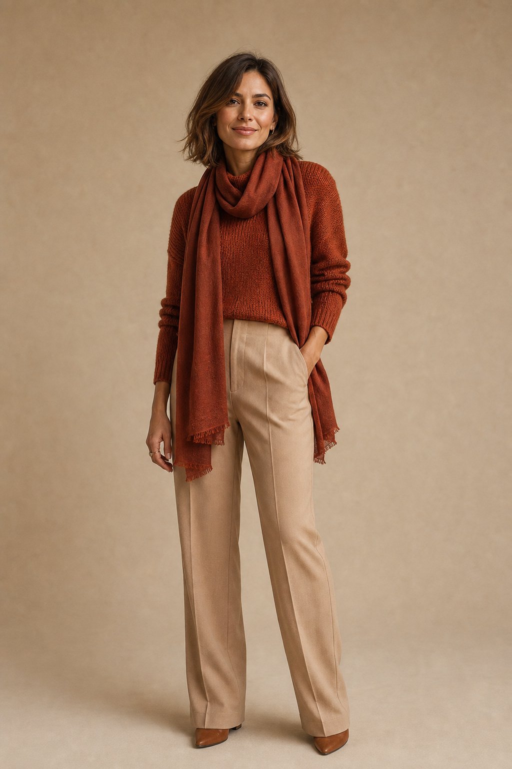 Petite woman in a burnt rust sweater with sand beige trousers and a rust scarf, warm fall color pairing for small frames