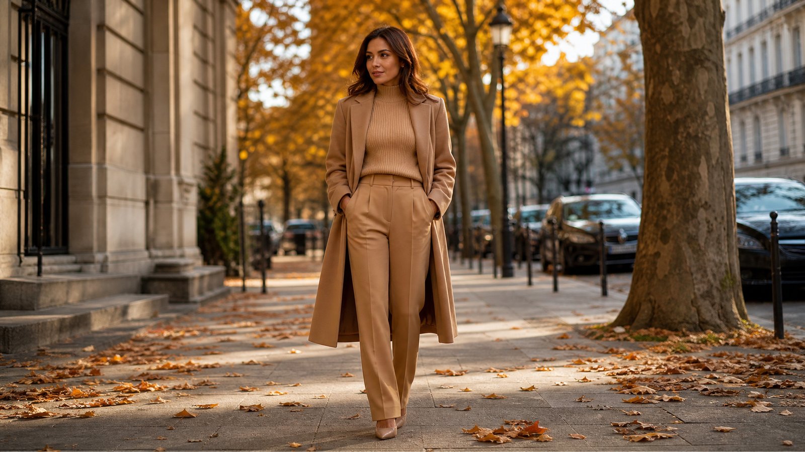 Petite woman in her early 30s in a head to toe camel monochrome coat, knit and trousers, fall colors that make you look taller