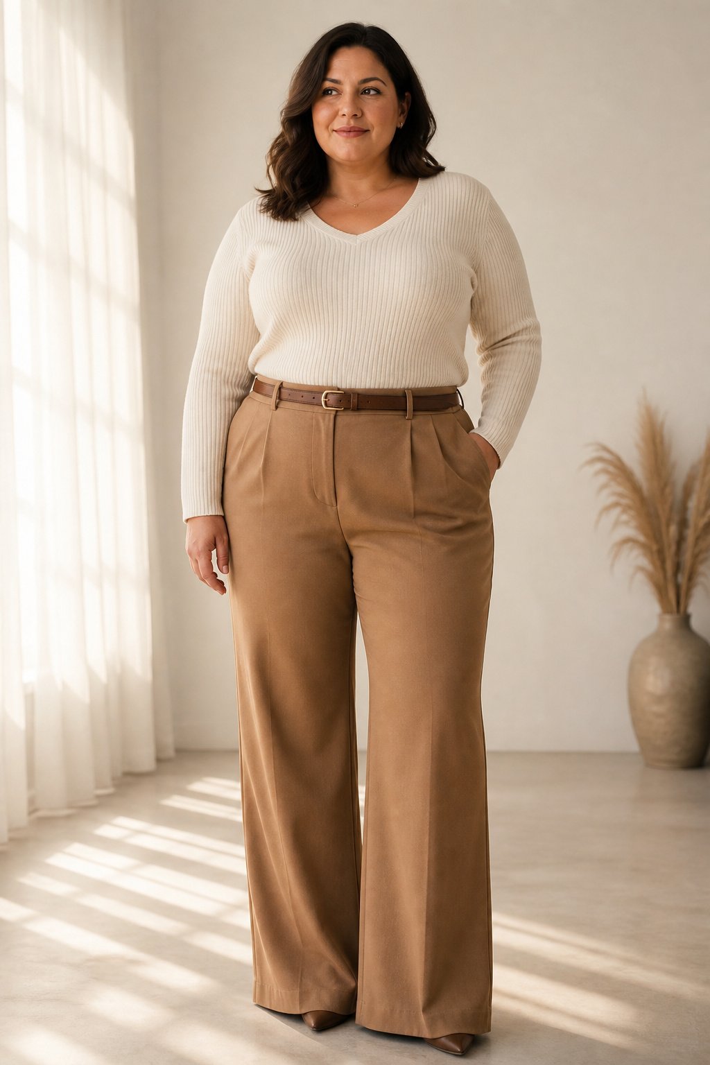 Plus-size woman in high-rise camel wide-leg trousers with a tucked cream ribbed knit, flattering fall fit
