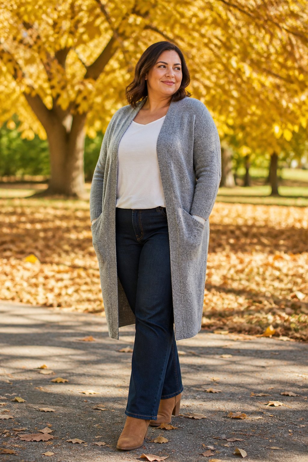 Plus-size woman in a longline heather grey cardigan over a white tee and dark jeans in an autumn park