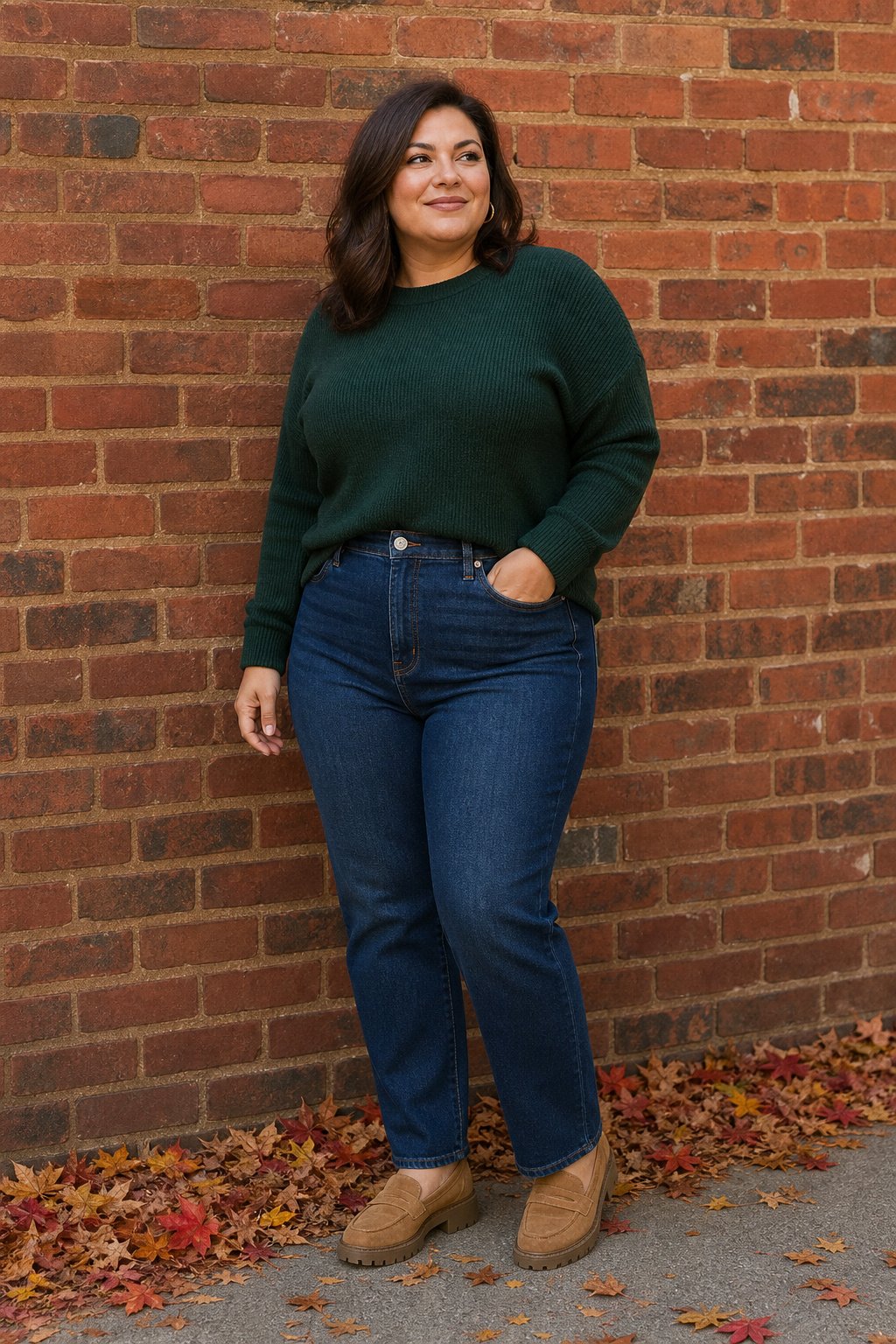 Plus-size woman in high-rise dark-wash straight jeans with a forest green knit sweater and suede loafers