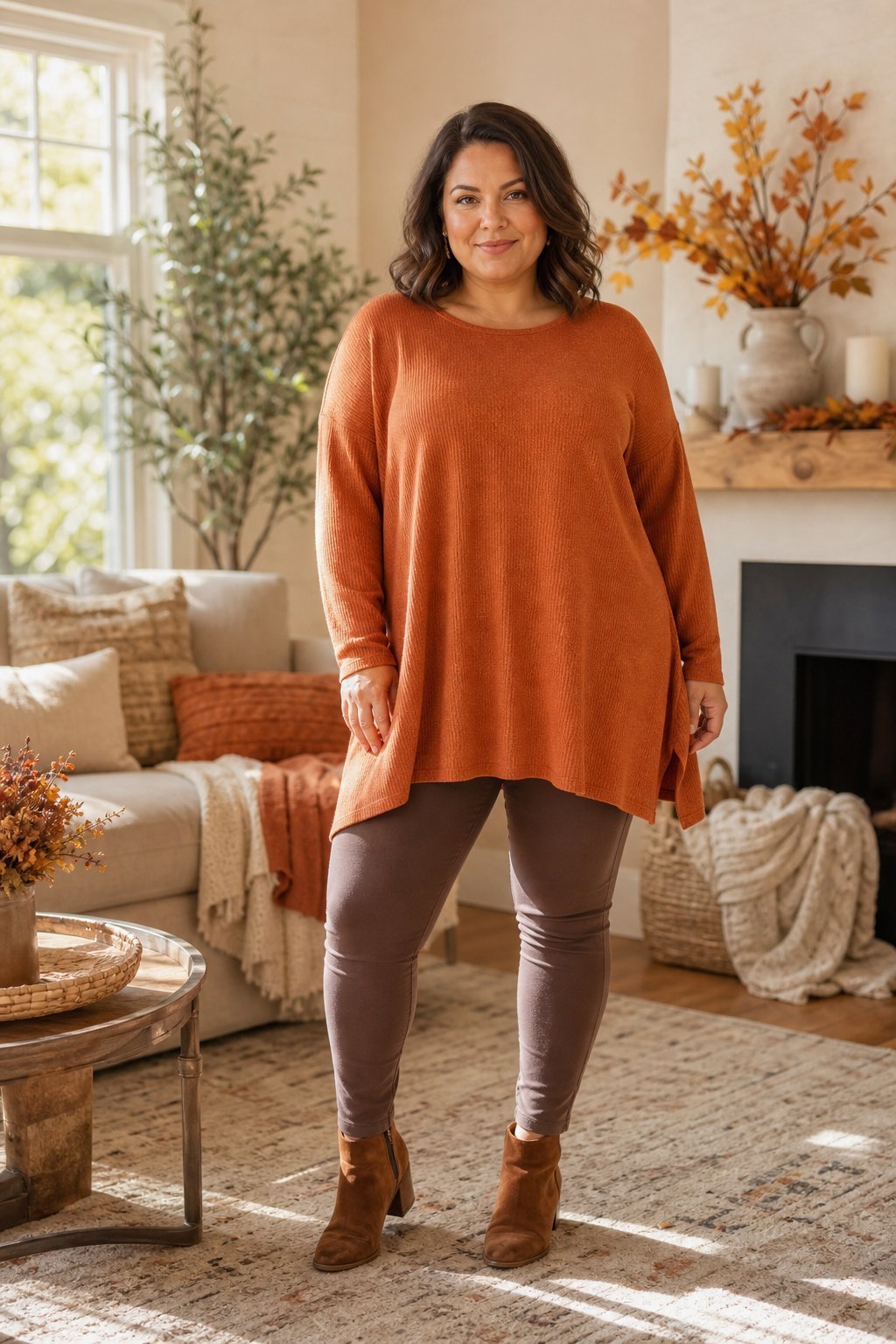 Plus-size woman in a relaxed rust orange knit tunic with leggings and ankle boots