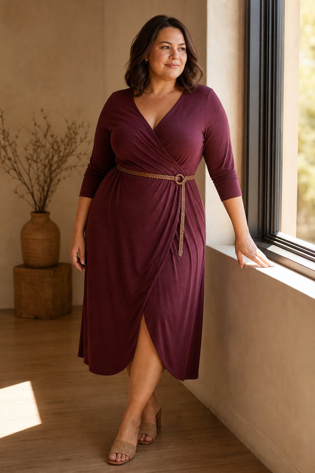 Plus-size woman in a burgundy jersey knit midi wrap dress with a belt and block heel mules