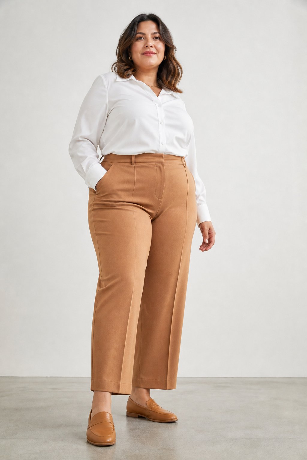 Plus-size woman wearing tan wide fit slip on leather loafers with camel trousers and a white blouse
