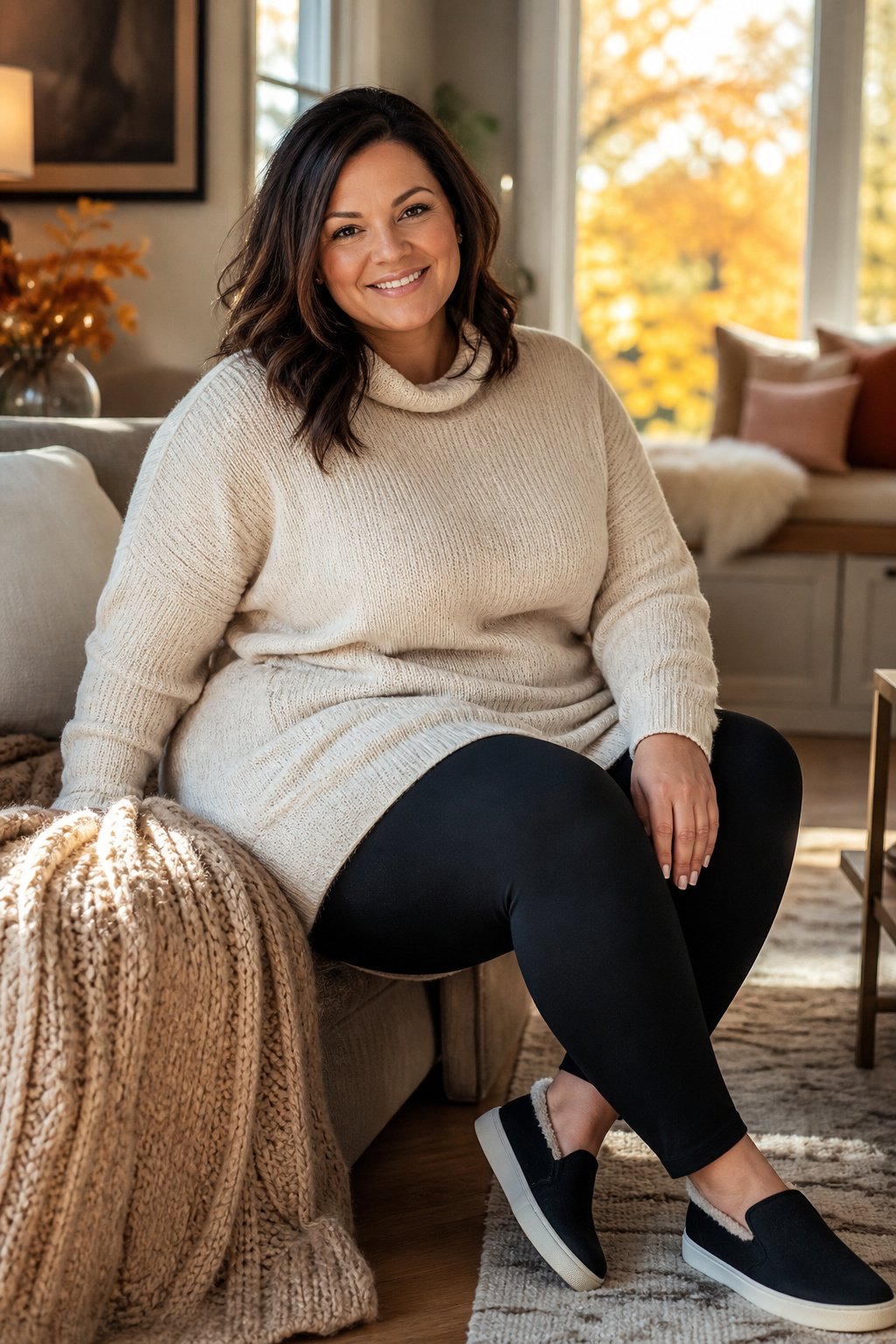 Plus-size woman in fleece lined black leggings with a longline oat knit sweater and slip on sneakers