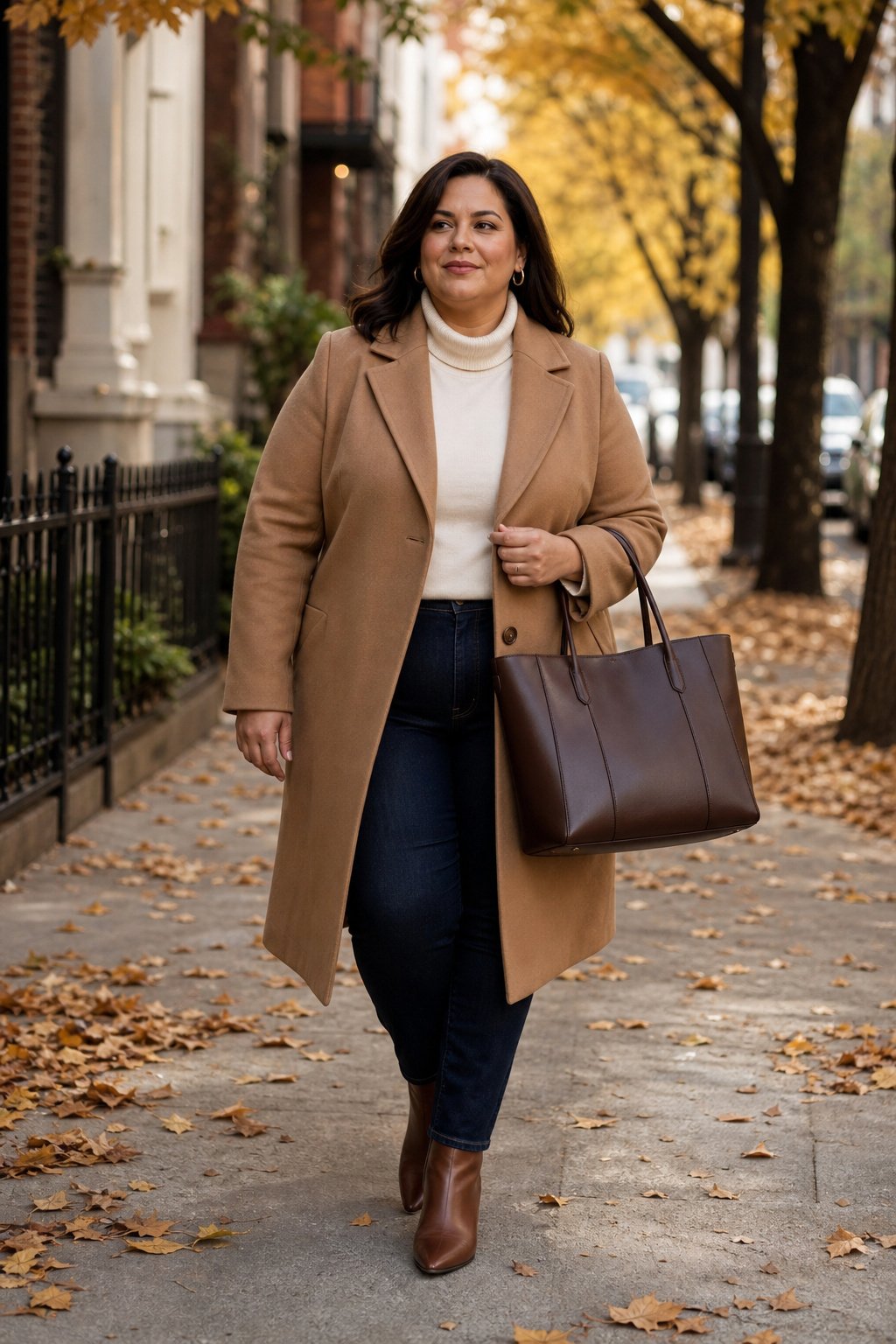 Plus-size woman carrying a large structured leather tote in a camel coat on a fall street