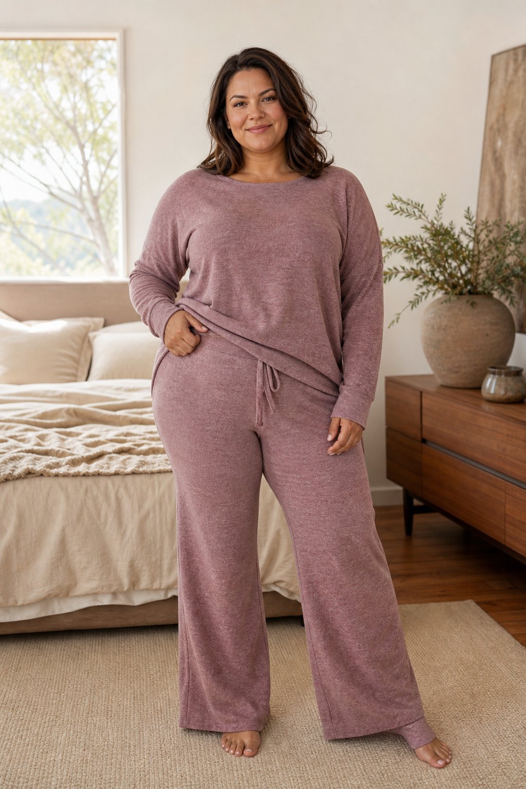 Plus-size woman in a heather mauve two piece knit lounge set in a cozy bedroom