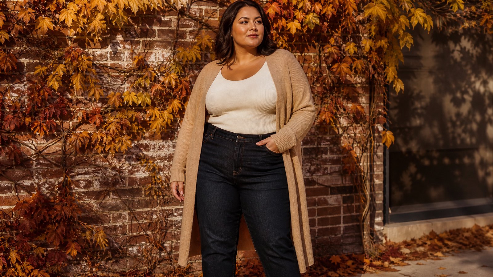 Plus-size woman in an elegant fall outfit of a longline camel cardigan, high-rise straight jeans and a cream ribbed knit, confident autumn style