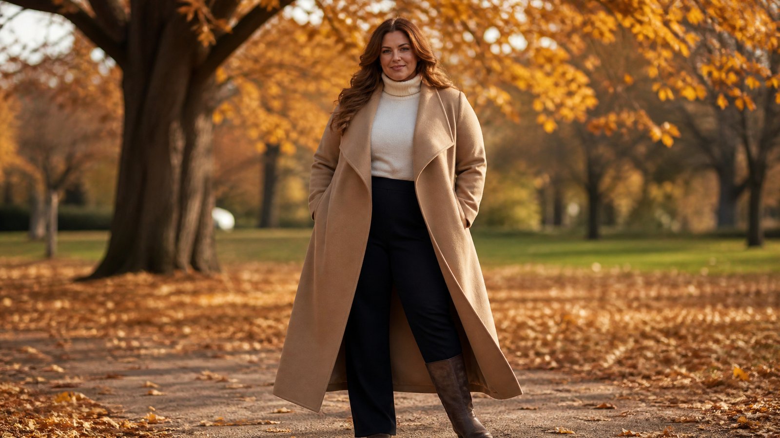 Confident curvy woman in a longline camel wrap coat over a cream turtleneck and dark wide leg trousers in an autumn park, flattering plus size fall outfit