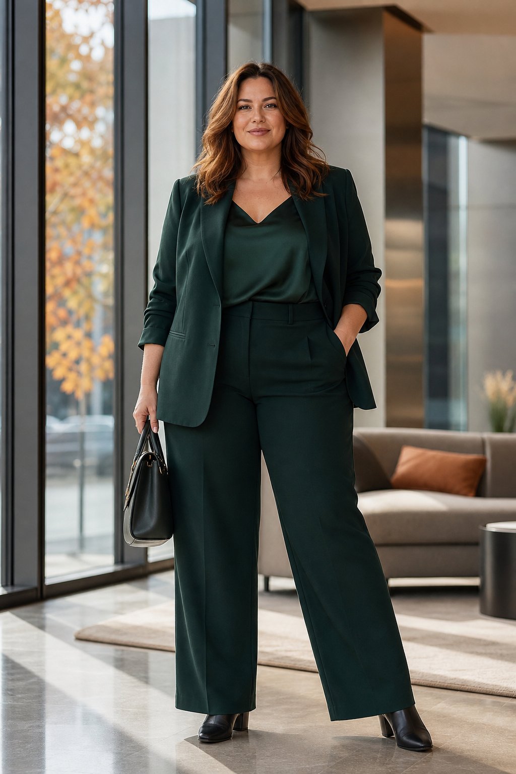 Curvy woman in a matching forest green wide leg trouser suit with a relaxed blazer, flattering plus size fall outfit