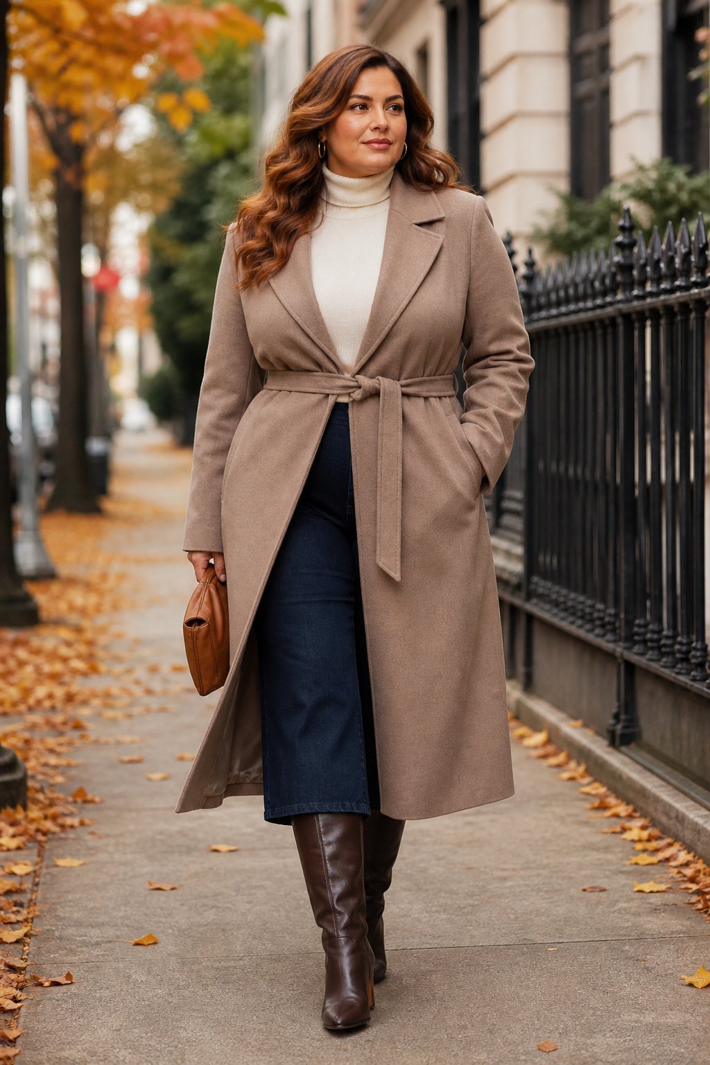 Plus size woman in a longline wrap coat tied at the waist over a turtleneck and dark wide leg jeans with tall boots