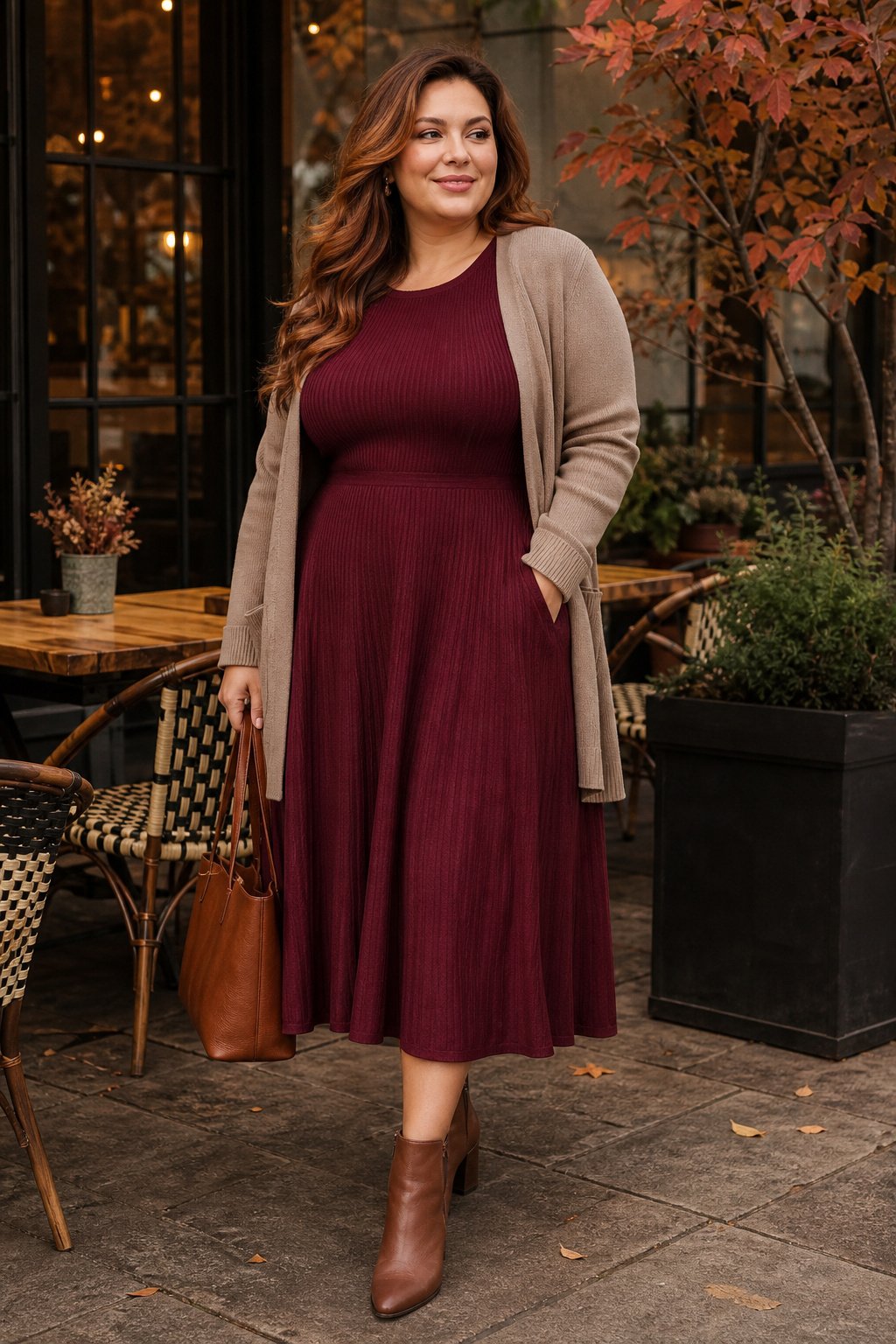 Curvy woman wearing a fit and flare ribbed midi dress with low block heel booties, flattering plus size dress outfit